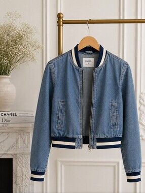 Rue 21 Cropped Denim Bomber Jacket | Blue Zip-Up Varsity Jacket | Size S